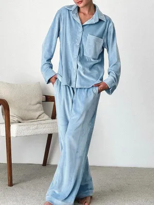 2 Piece Solid Blue Long Pants Lounge Set