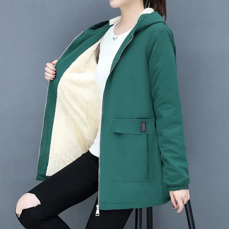 2023 Autumn Winter New Thick Warm Lamb Wool Cotton-padded Coat Women's Mid-length All-fit Loose Hooded Female Blouse