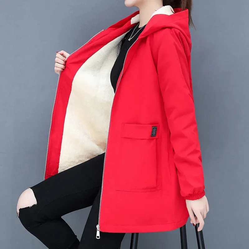 2023 Autumn Winter New Thick Warm Lamb Wool Cotton-padded Coat Women's Mid-length All-fit Loose Hooded Female Blouse