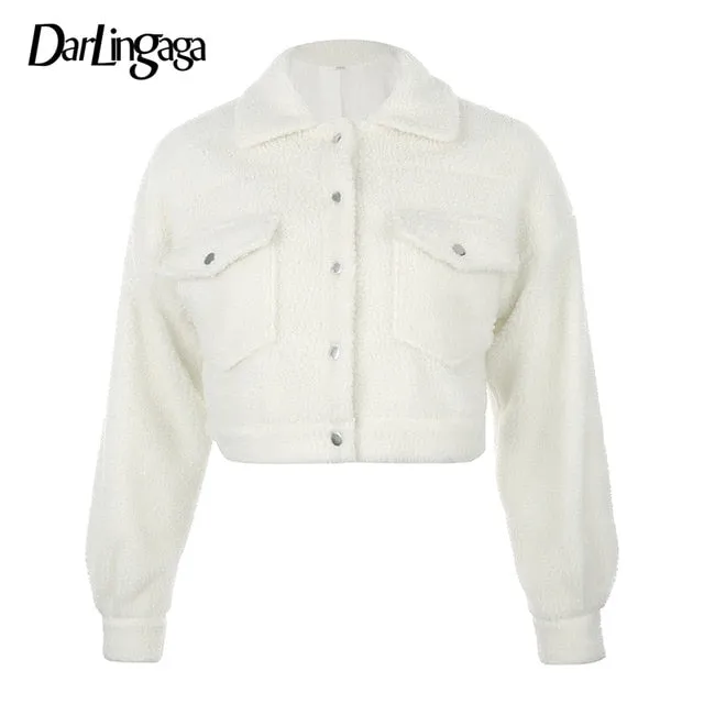 Autumn Winter Coat Women's Fleece Shaggy Warm Cropped Overcoat Single Breasted Outwear Jacket