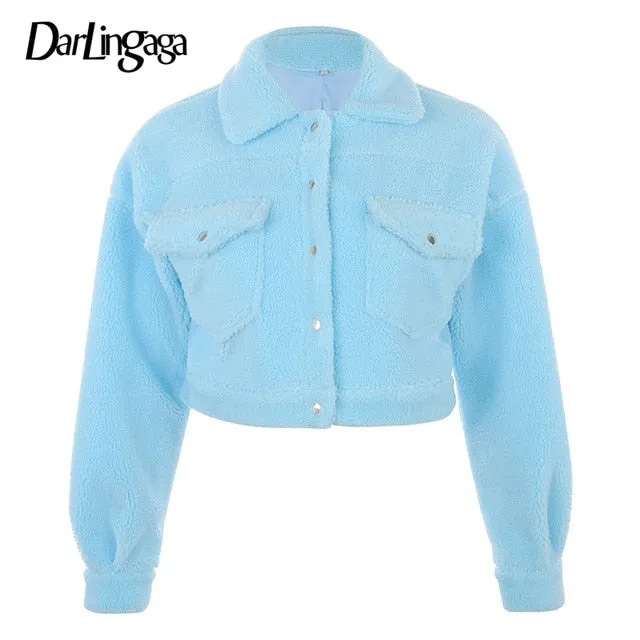 Autumn Winter Coat Women's Fleece Shaggy Warm Cropped Overcoat Single Breasted Outwear Jacket