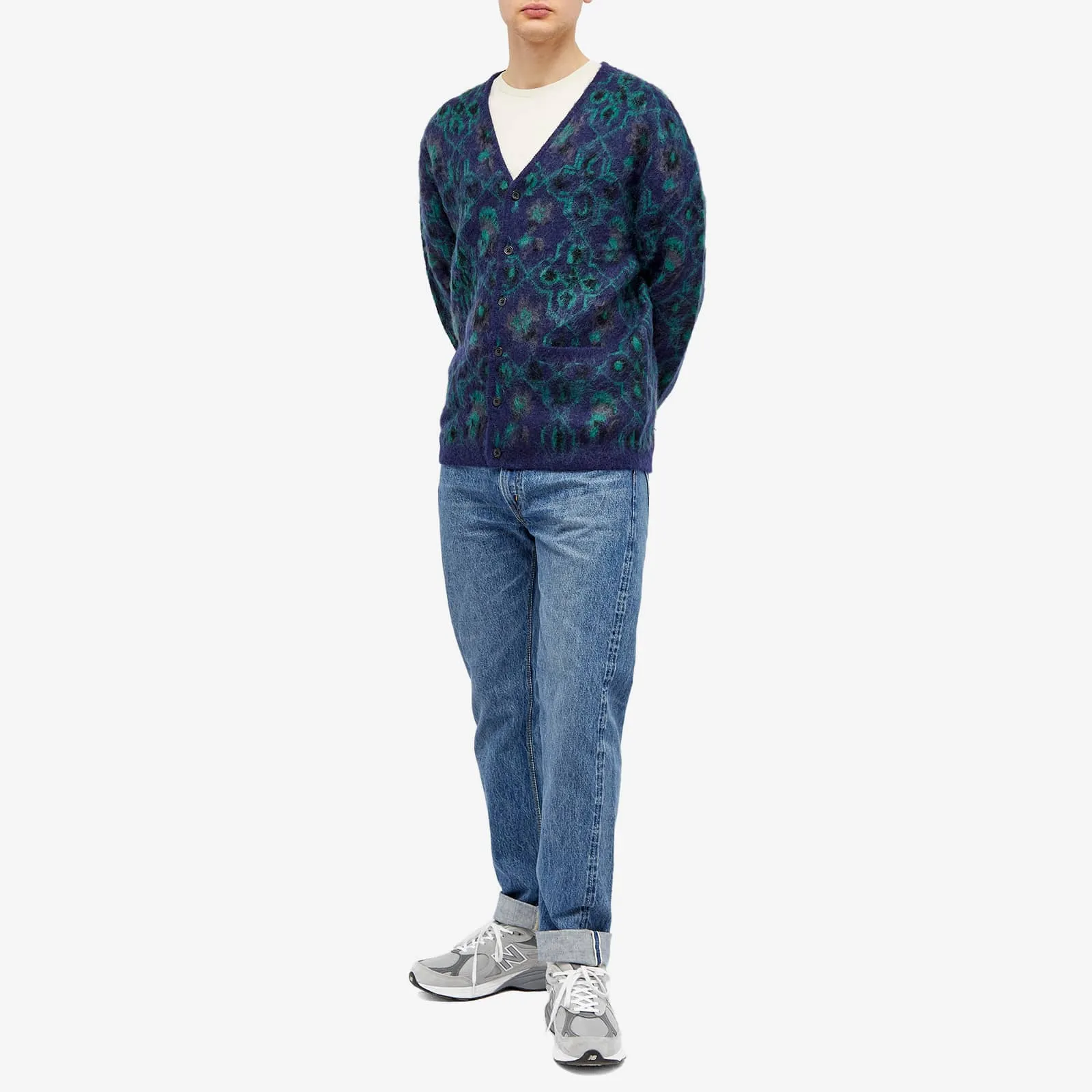 Beams Plus Botanical Pattern Cardigan, navy blue