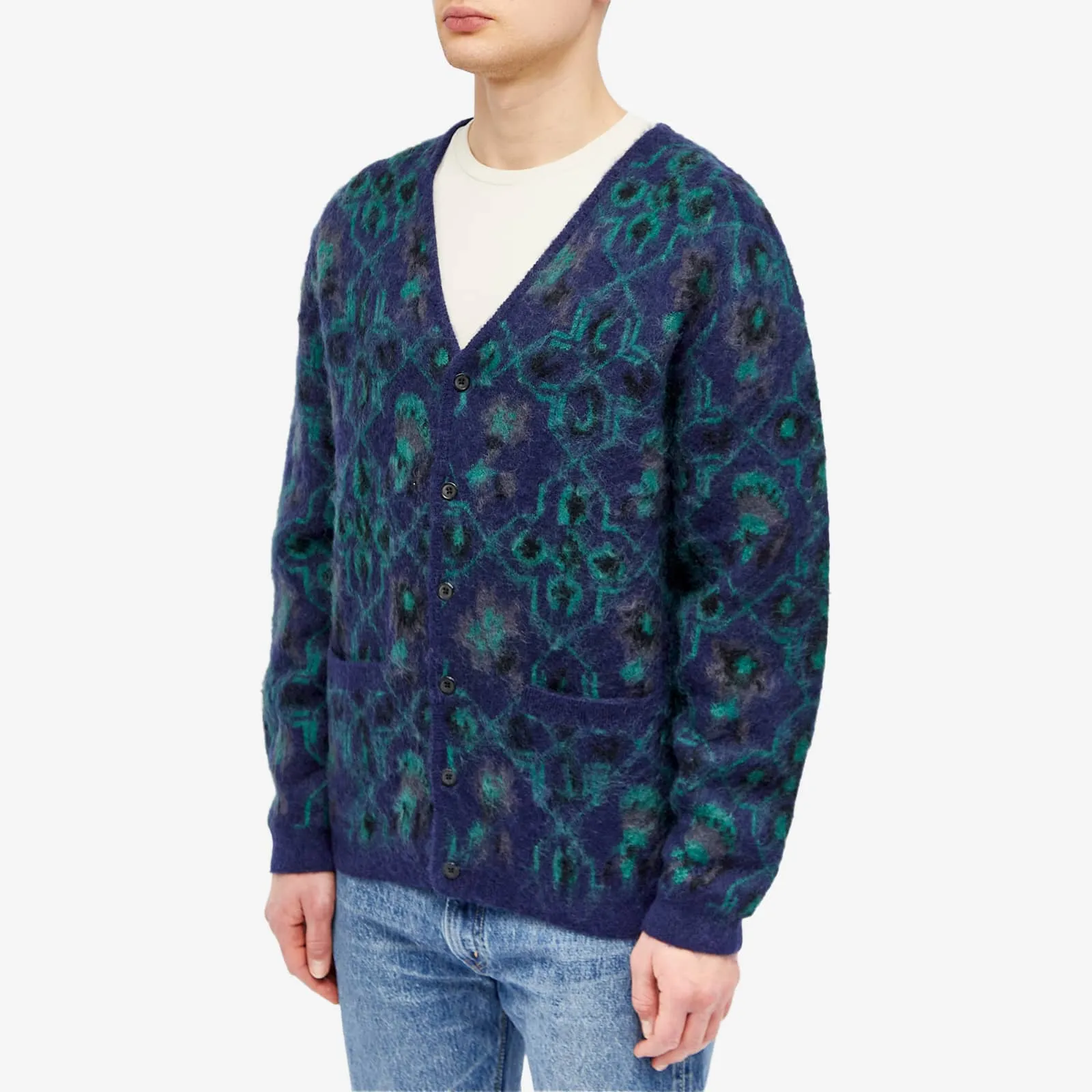 Beams Plus Botanical Pattern Cardigan, navy blue