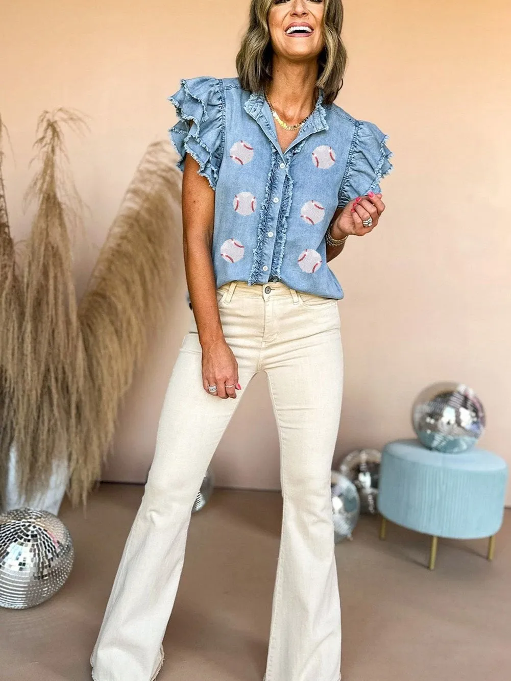 Beau Blue Sequin Baseball Graphic Denim Top with Ruffled Sleeves