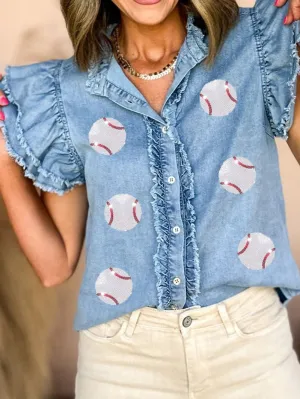 Beau Blue Sequin Baseball Graphic Denim Top with Ruffled Sleeves