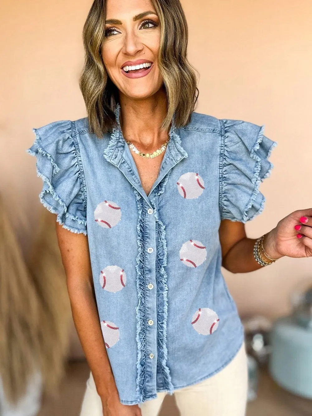 Beau Blue Sequin Baseball Graphic Denim Top with Ruffled Sleeves