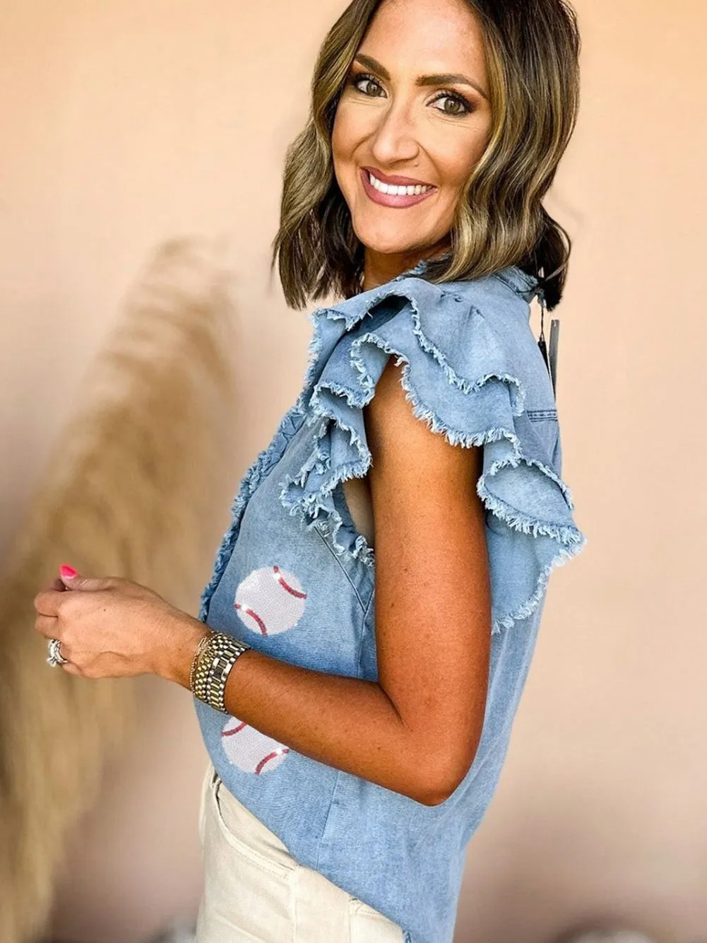 Beau Blue Sequin Baseball Graphic Denim Top with Ruffled Sleeves