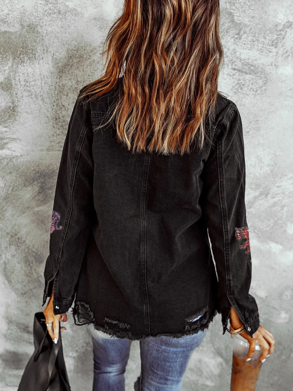 Black Sequin Tiger Embroidered Denim Jacket