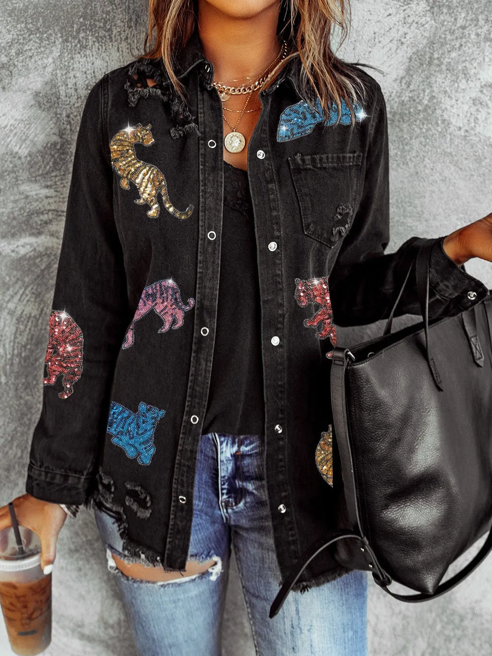 Black Sequin Tiger Embroidered Denim Jacket