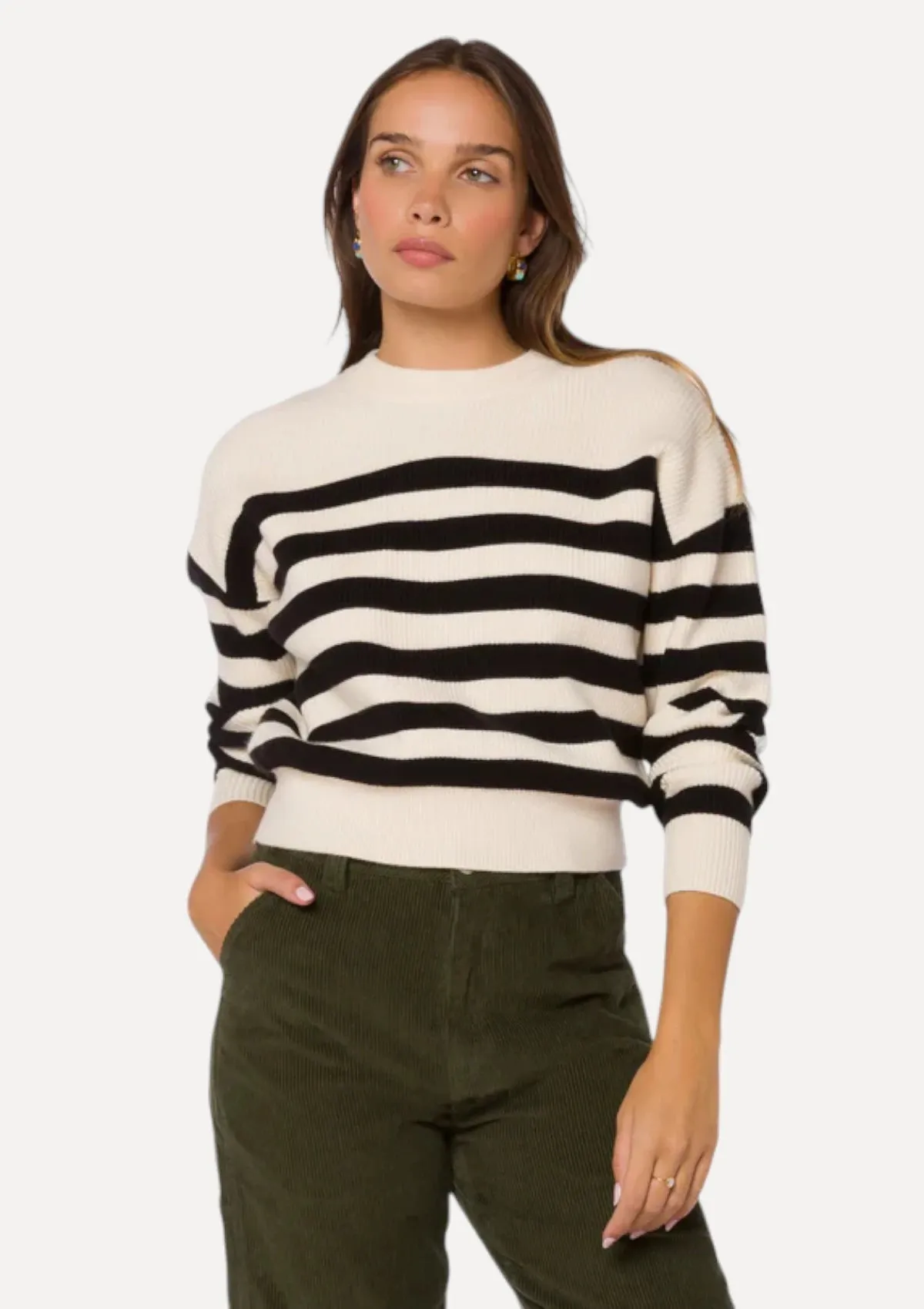 Darrell Striped Long Sleeve Crew Neck Sweater - Ivory Black