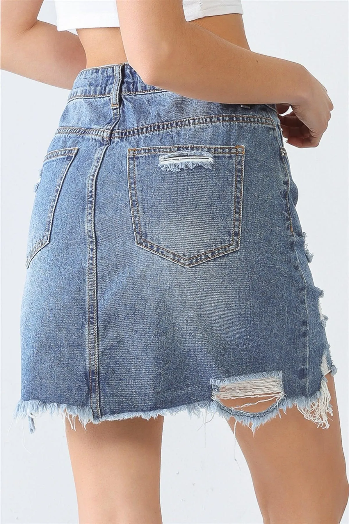 Denim Cotton Five Pocket Trim Distressed Torn Hem High Waist Mini Skirt