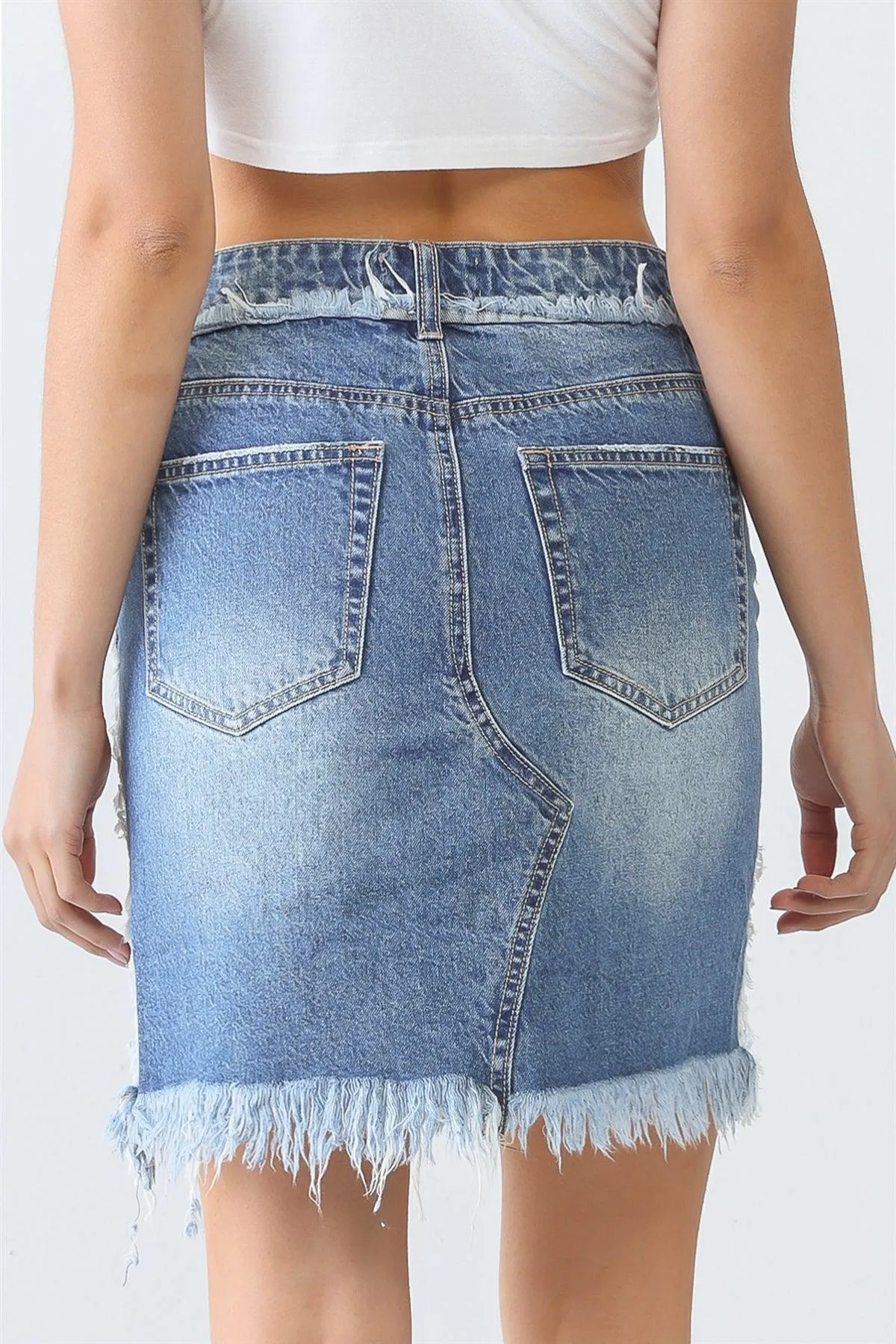 Denim Cotton Trim Torn Hem High Waist Mini Skirt