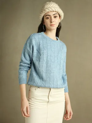 DL Woman Round Neck Solid Light Blue Full Sleeves Pullover Sweater