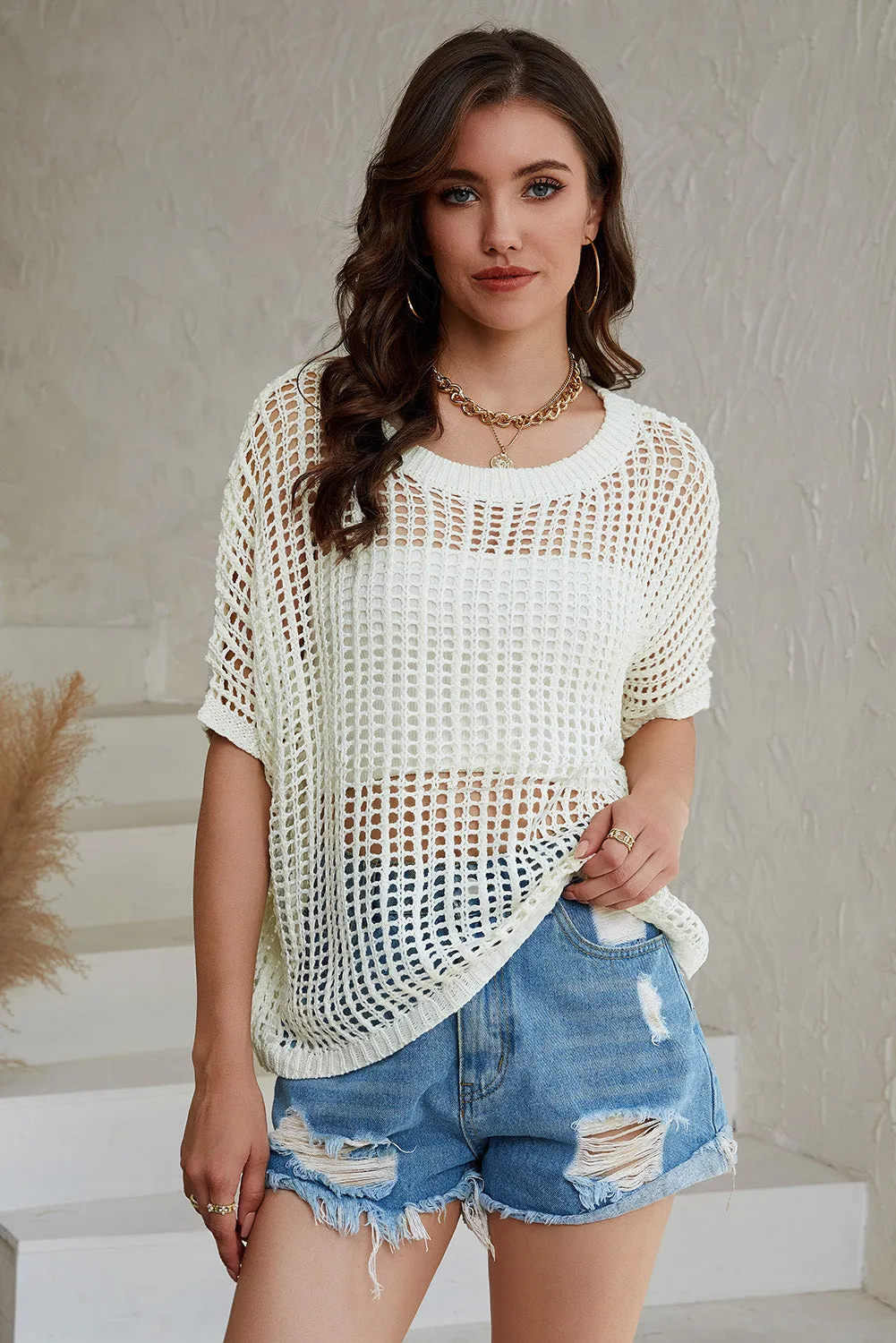 Fishnet Knit Ribbed Round Neck Short Sleeve Sweater Tee