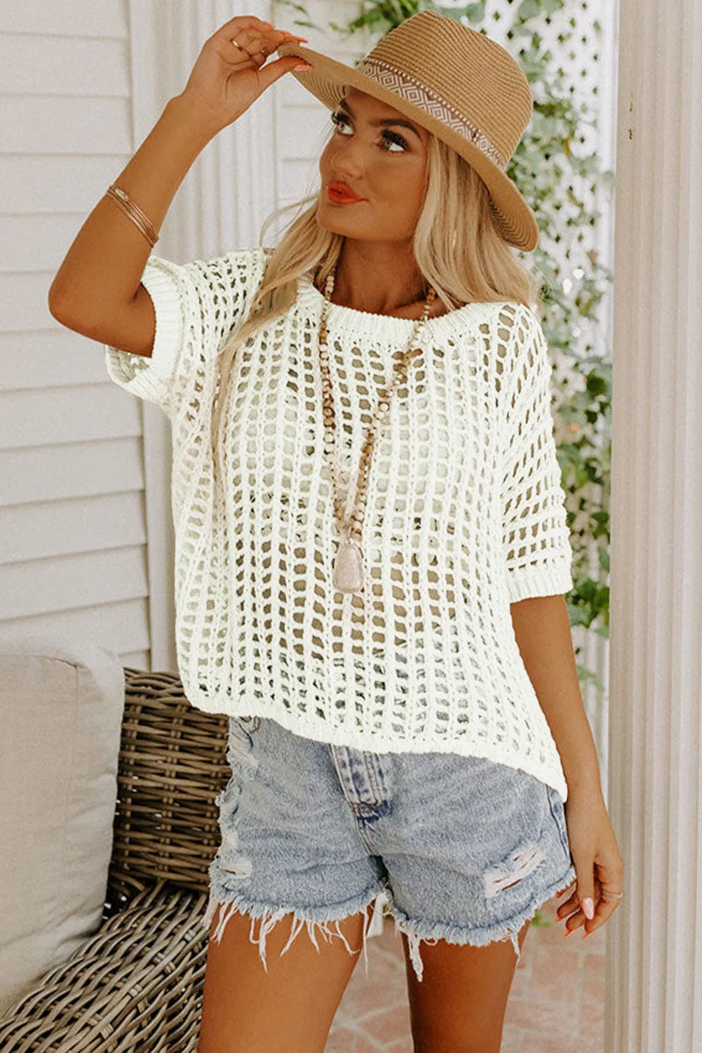 Fishnet Knit Ribbed Round Neck Short Sleeve Sweater Tee