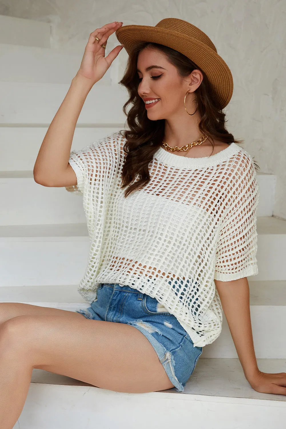 Fishnet Knit Ribbed Round Neck Short Sleeve Sweater Tee