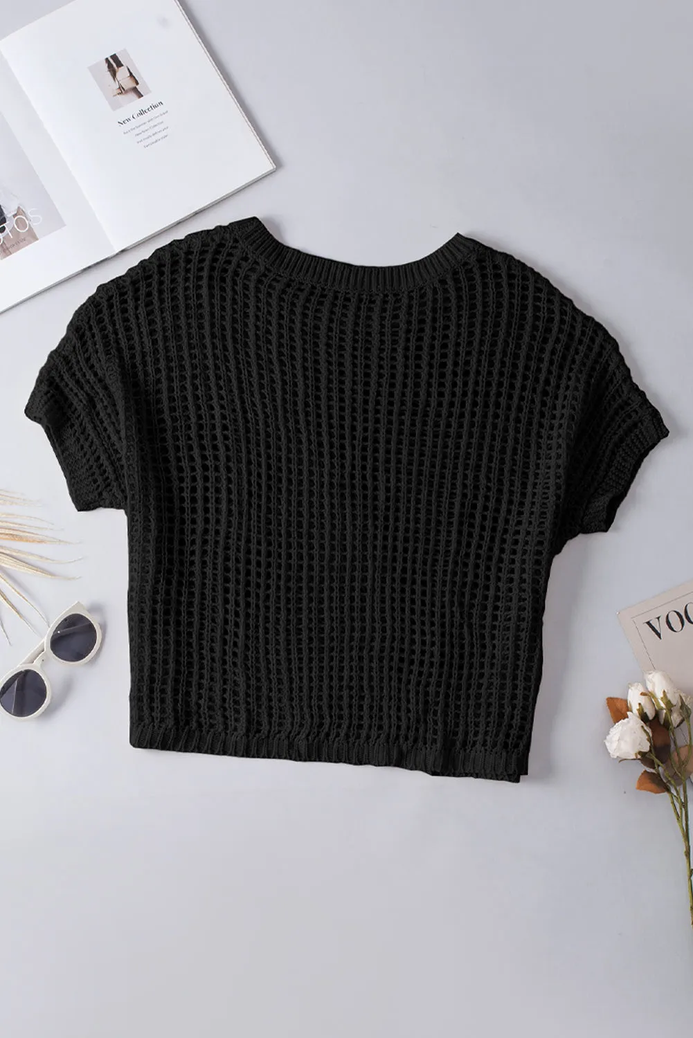 Fishnet Knit Ribbed Round Neck Short Sleeve Sweater Tee