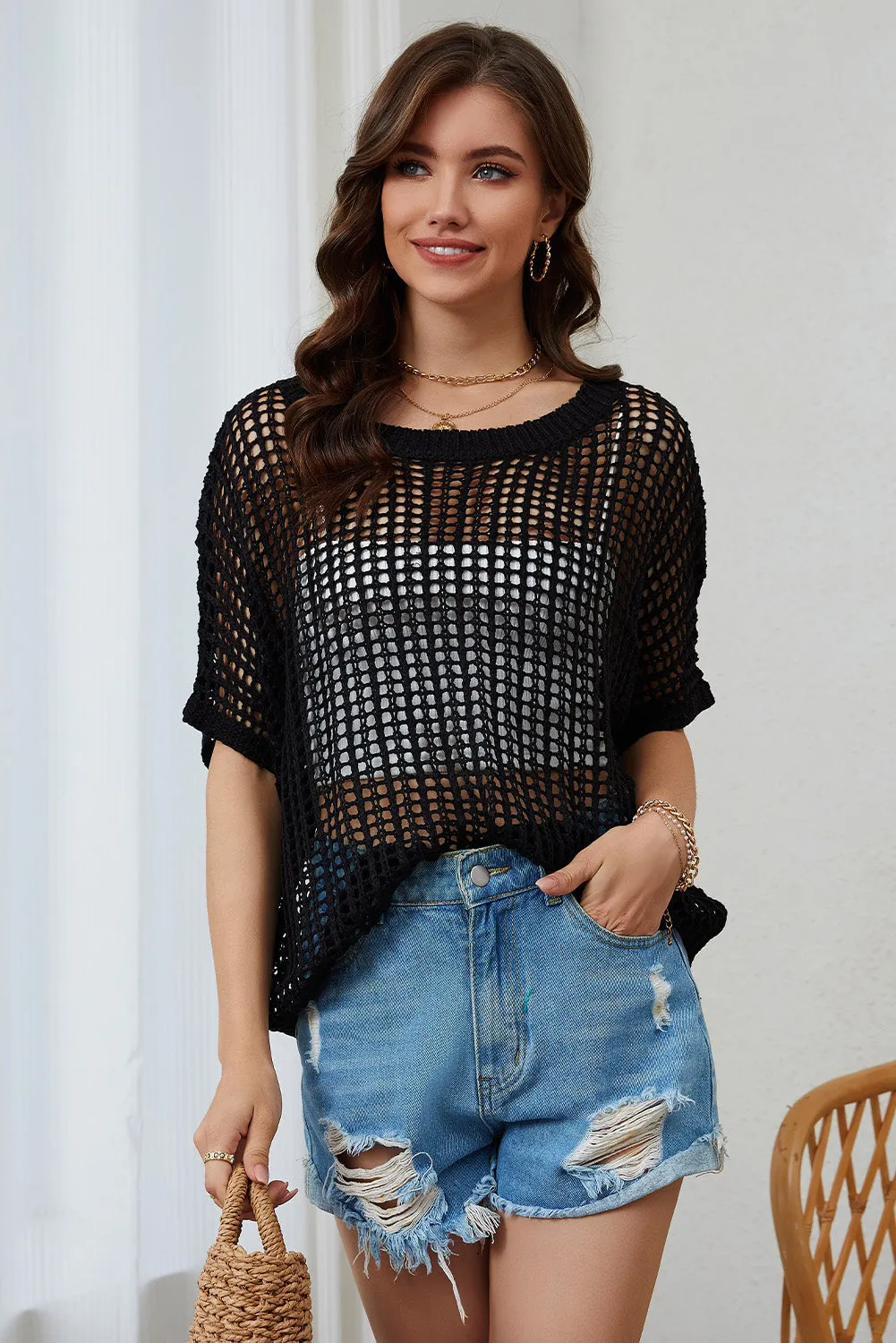 Fishnet Knit Ribbed Round Neck Short Sleeve Sweater Tee