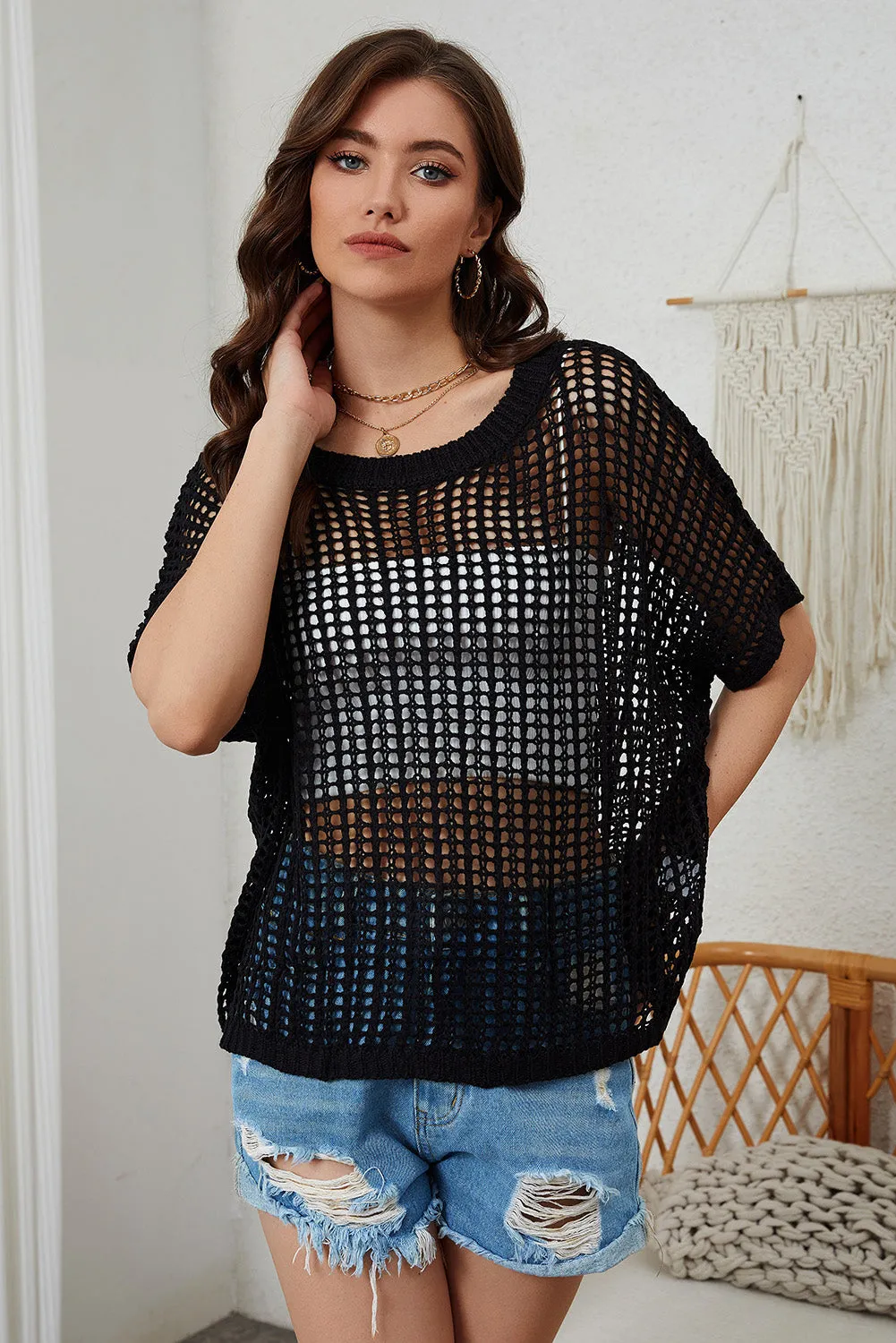 Fishnet Knit Ribbed Round Neck Short Sleeve Sweater Tee