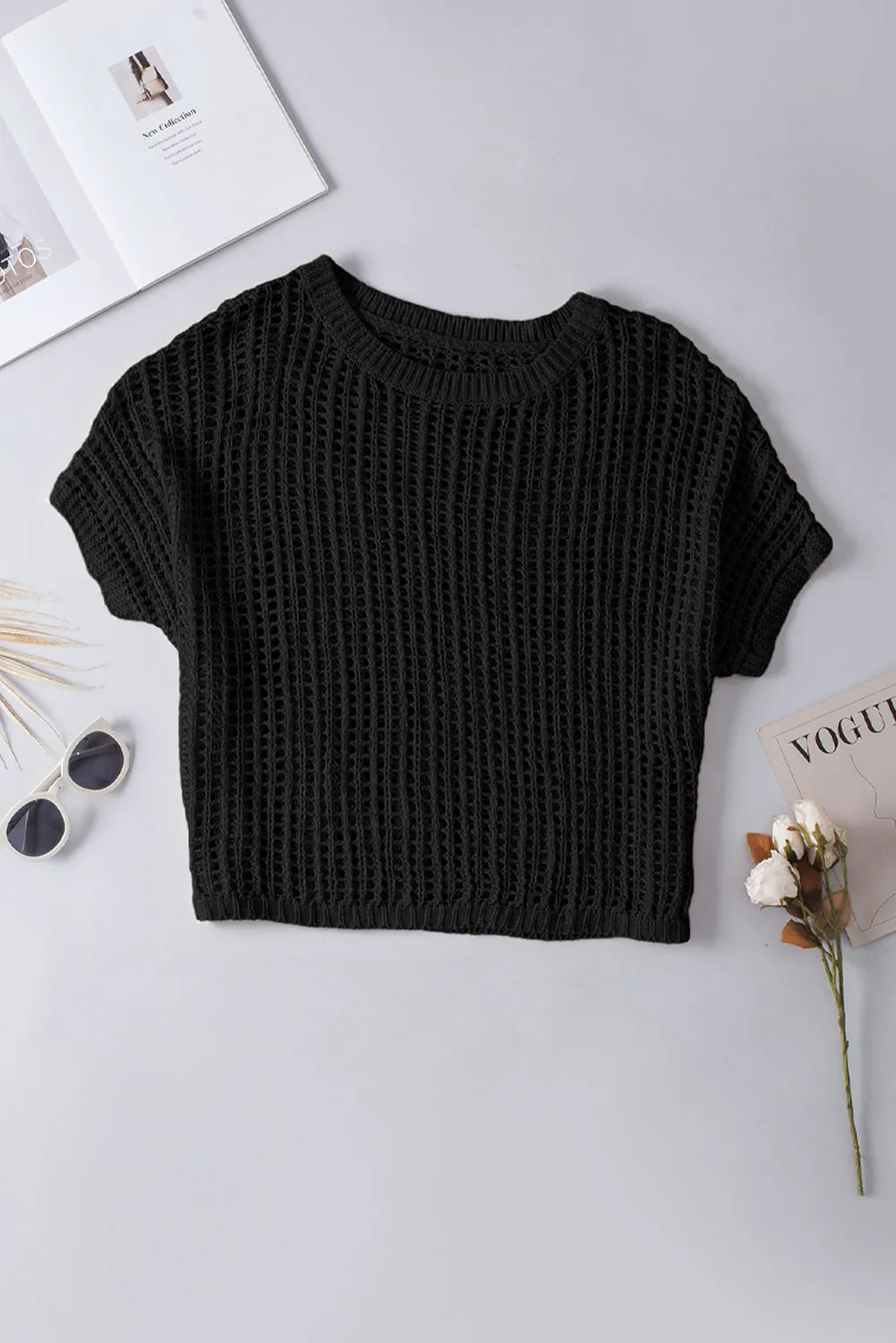 Fishnet Knit Ribbed Round Neck Short Sleeve Sweater Tee