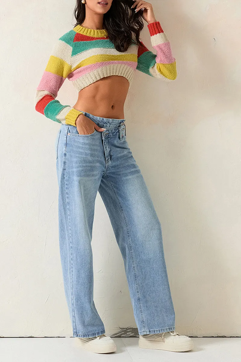 HWT1227 Colorblock Cropped Cozy Knit Sweater