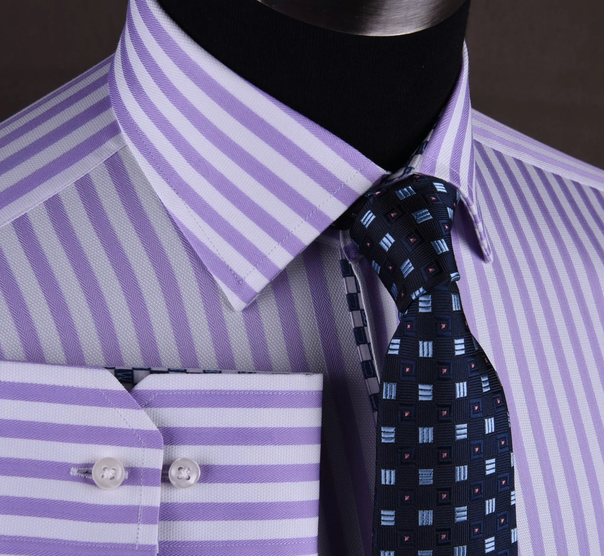 Lilac White Herringbone Formal Business Dress Shirt in Luxury Herringbone Stripe and Standard Single Button Cuffs - Easy Top 10 Fashion Trends