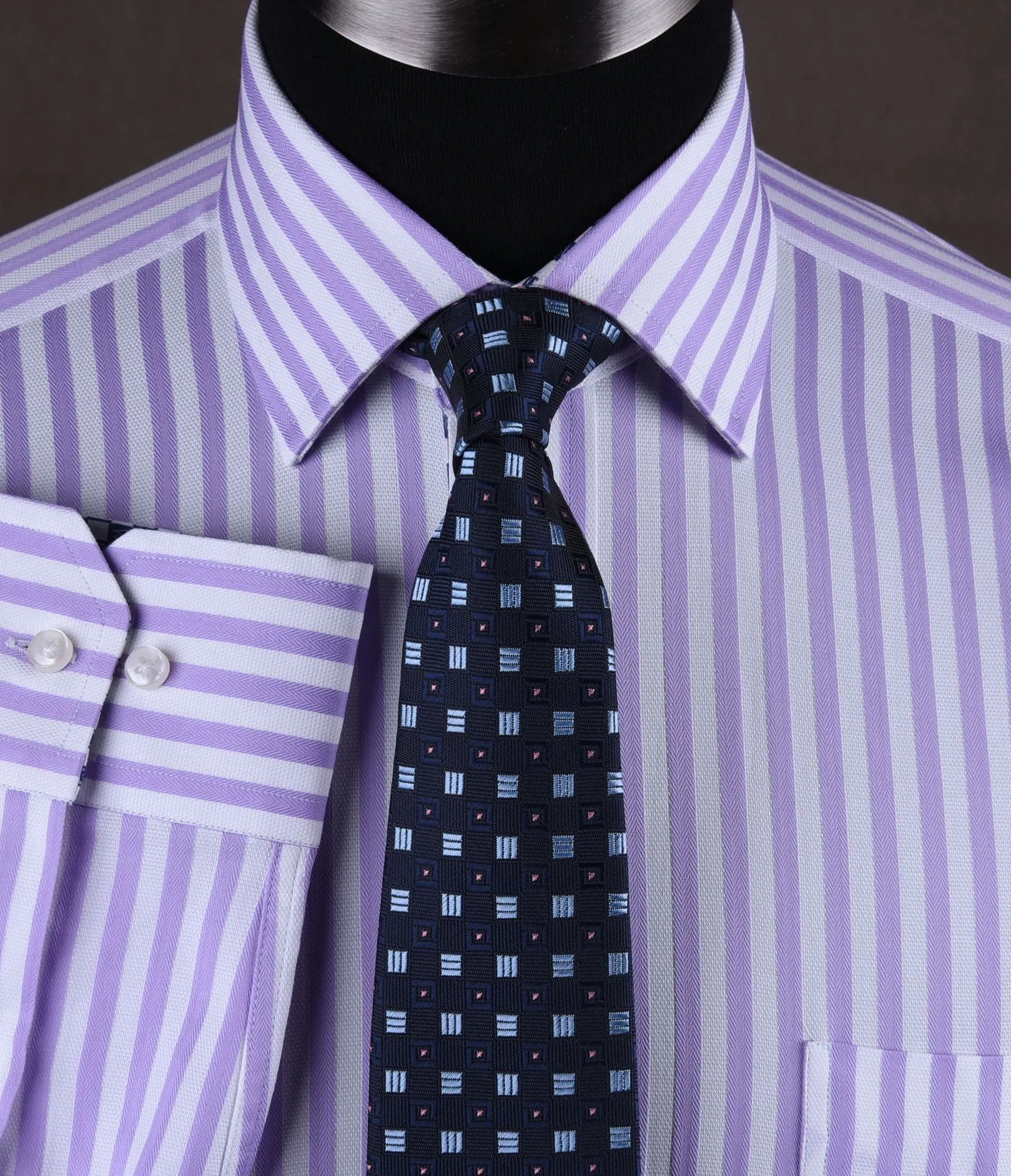 Lilac White Herringbone Formal Business Dress Shirt in Luxury Herringbone Stripe and Standard Single Button Cuffs - Easy Top 10 Fashion Trends