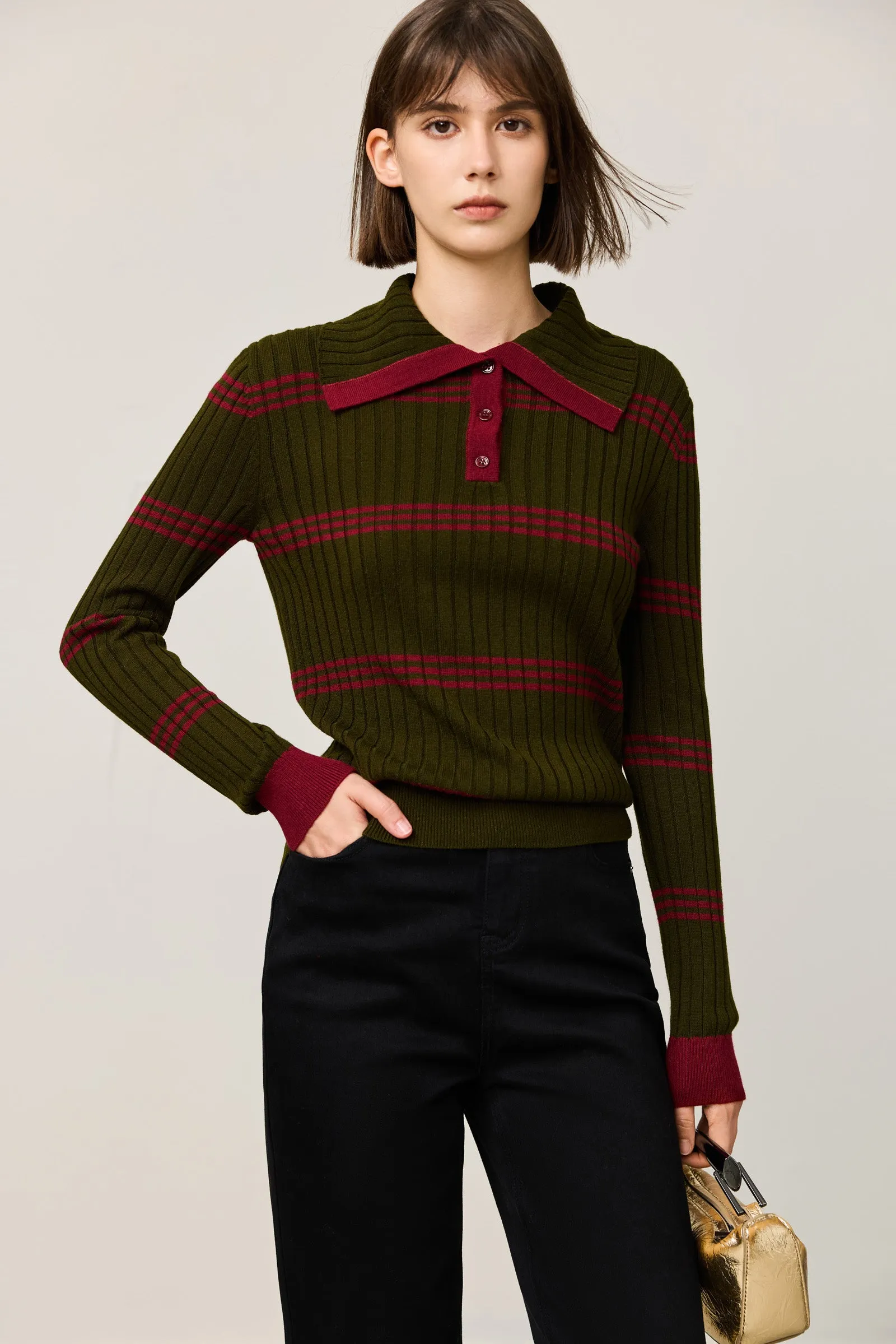 LILY Retro Contrast Polo Knit Sweater