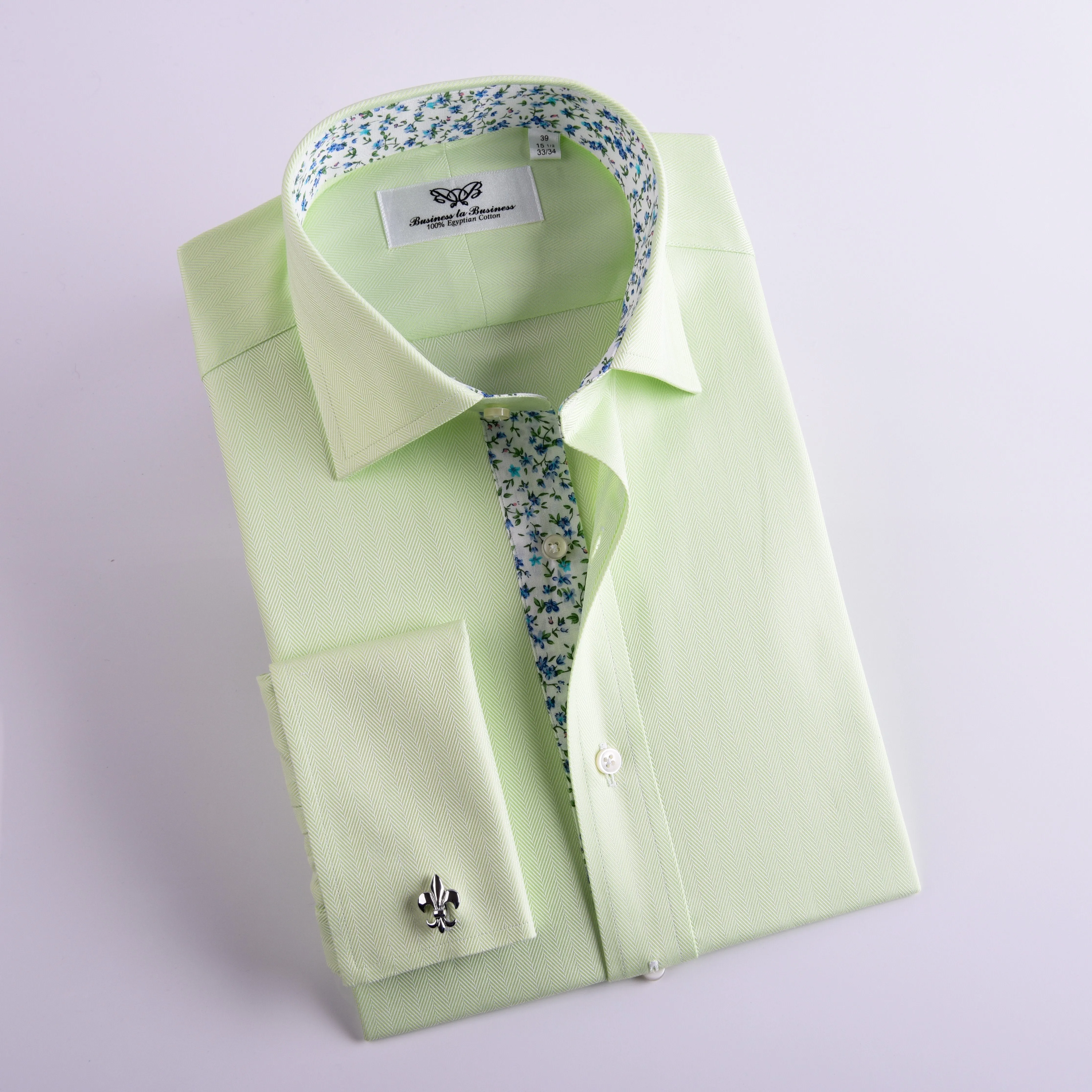 Lime Green Herringbone Twill Formal Business Dress Shirt in French Cuffs