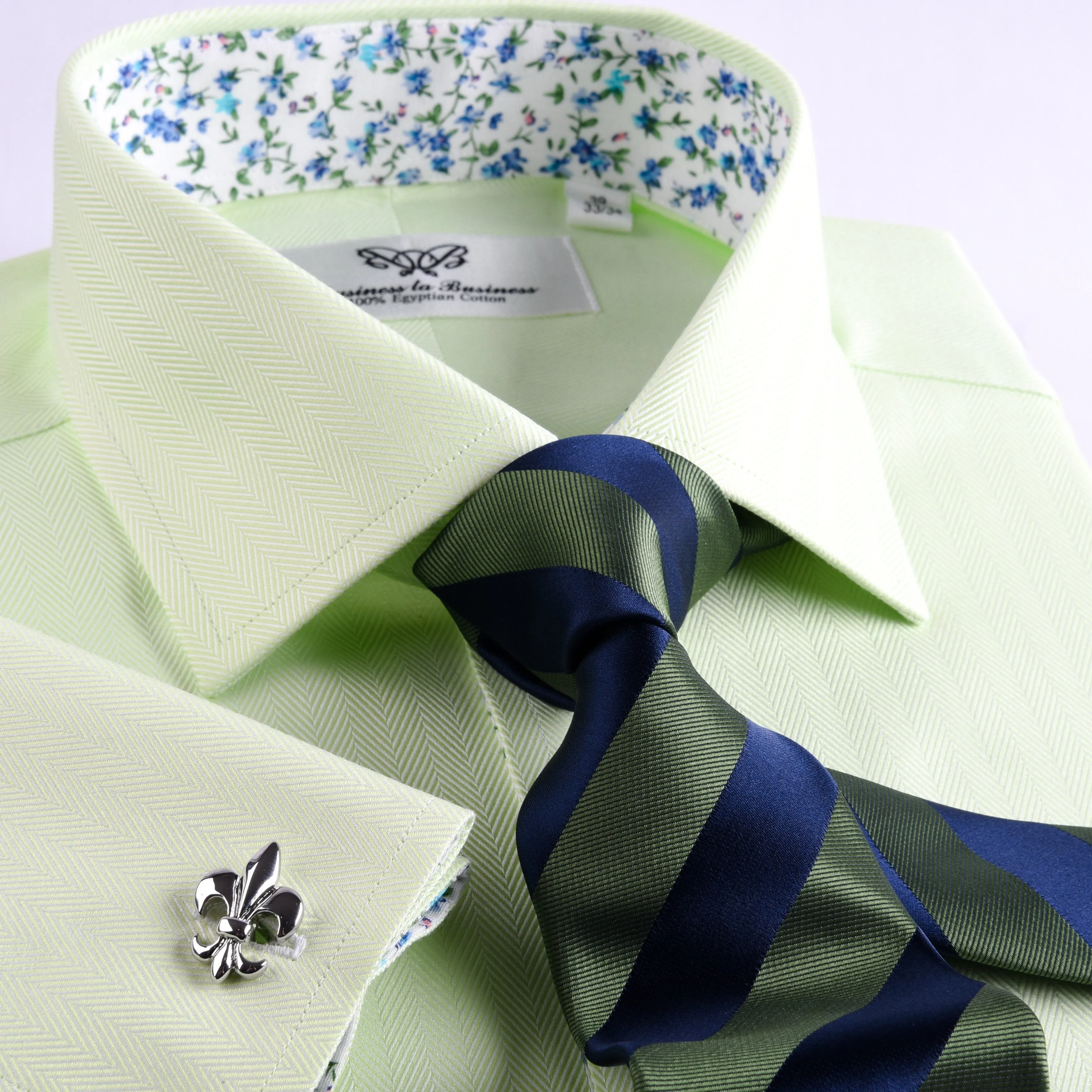 Lime Green Herringbone Twill Formal Business Dress Shirt in French Cuffs