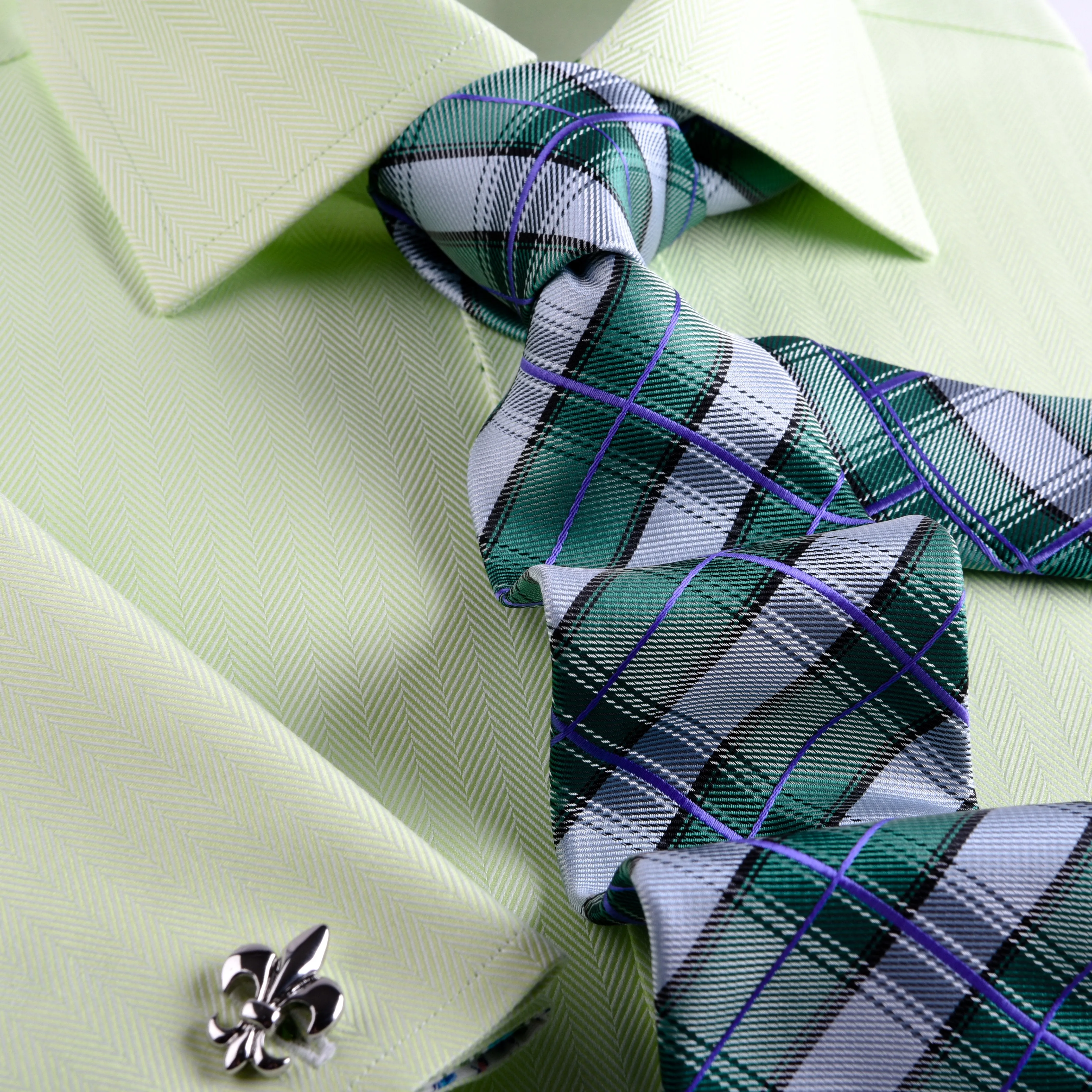 Lime Green Herringbone Twill Formal Business Dress Shirt in French Cuffs