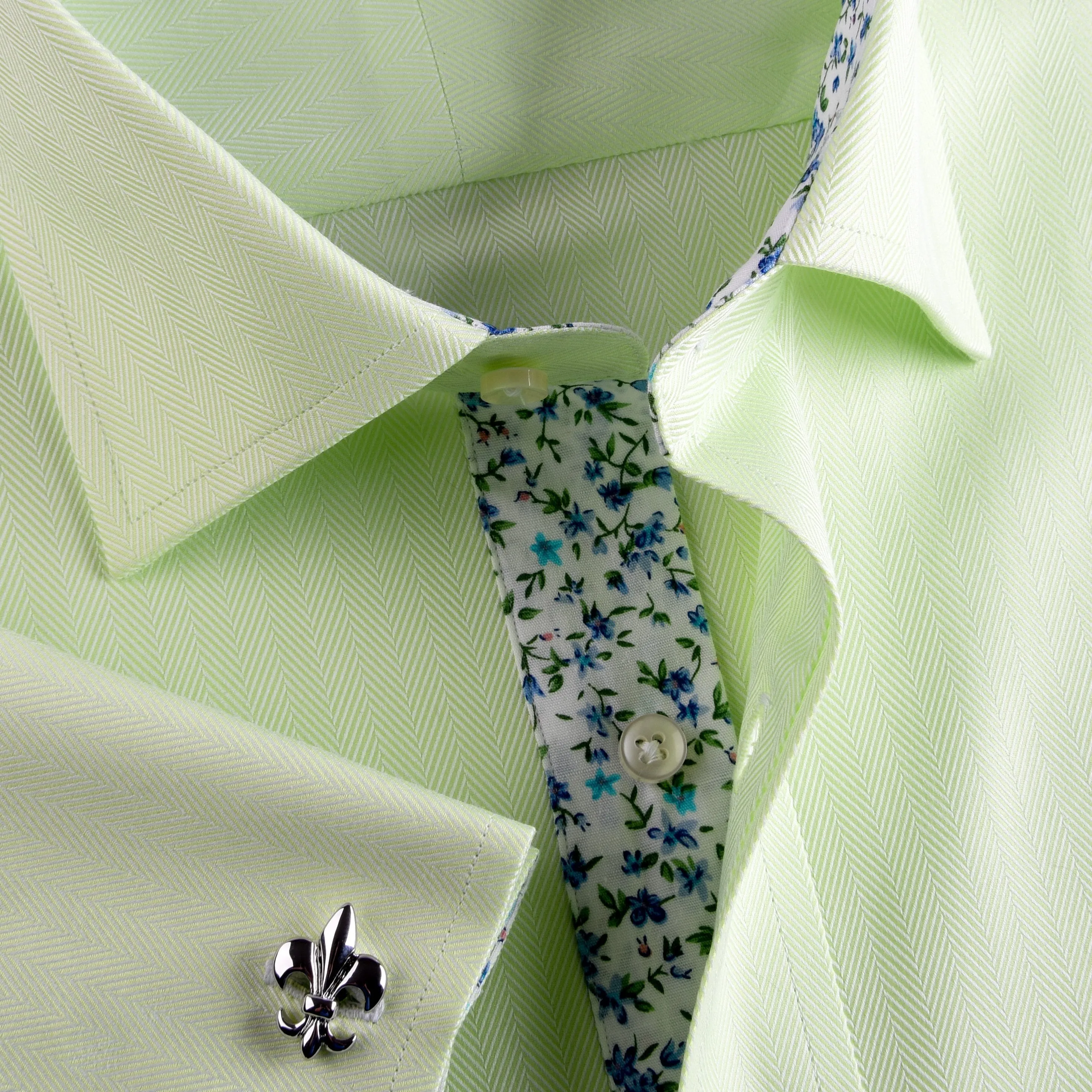 Lime Green Herringbone Twill Formal Business Dress Shirt in French Cuffs