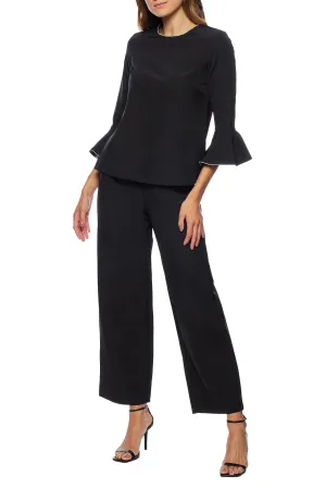 Marina Embellished Boat Neck Circular Sleeve Keyhole Back Stretch Crepe Top with Elastic Mid Waist Pant (2 Piece Set)