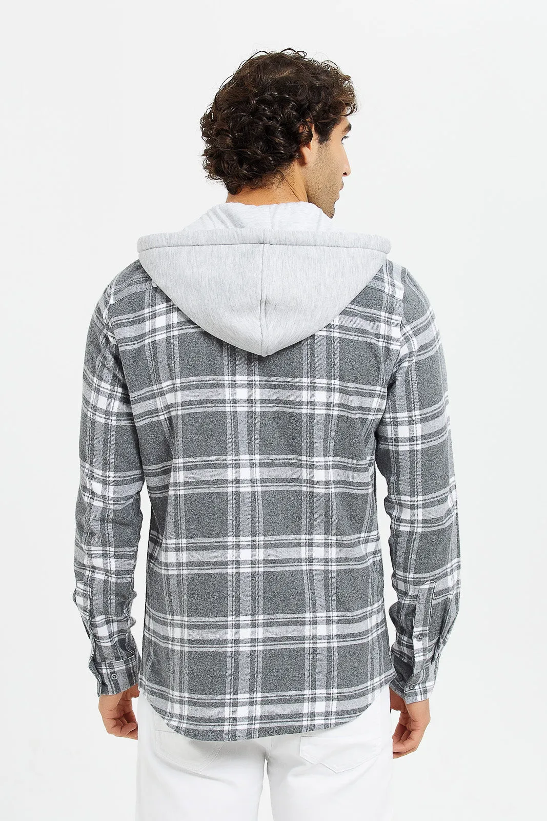 Men White And Grey Check Flannel Shirt With Hoody