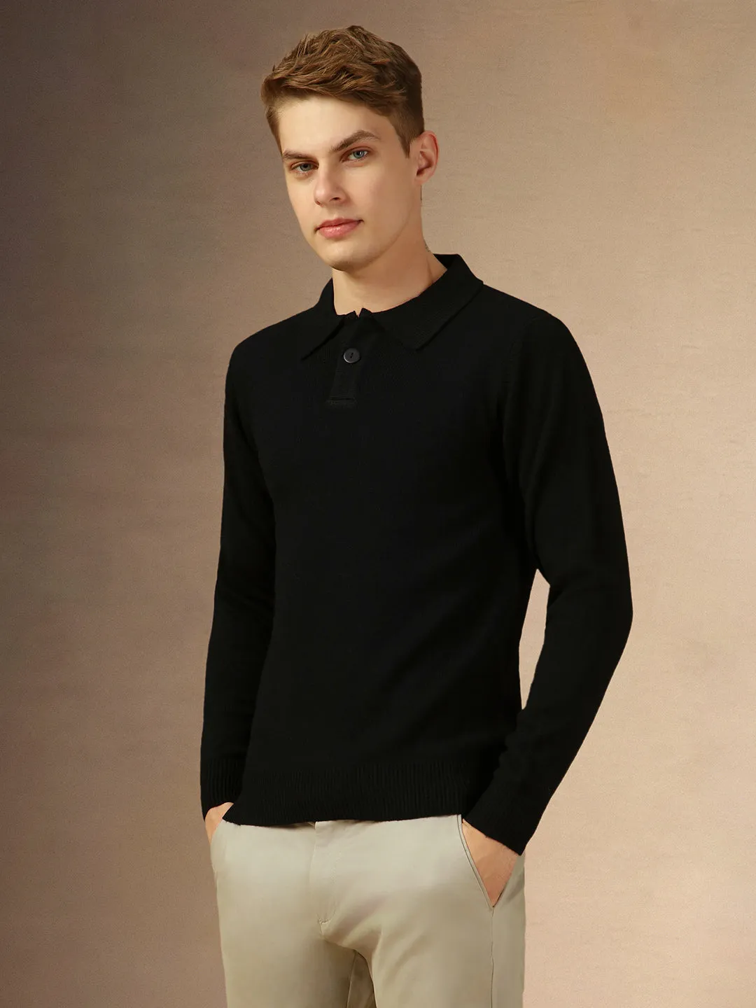 Men's Black Polo Collar Full Sleeves Slim Fit Pullover Sweater