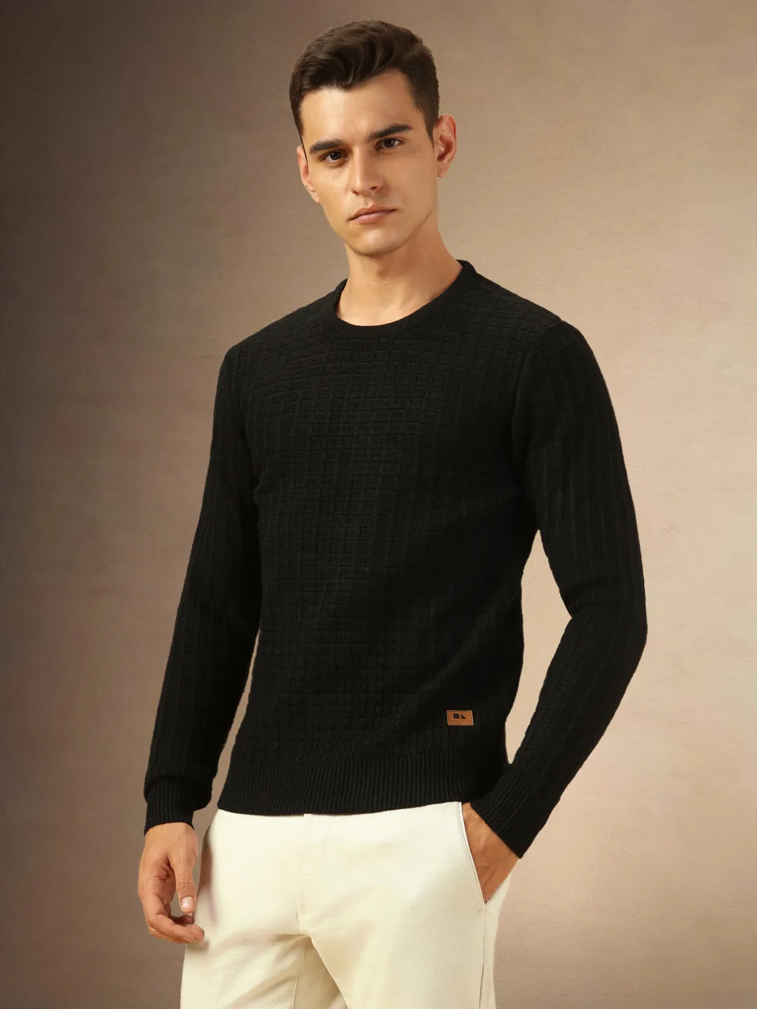 Men's Black Self Design Round Neck Full Sleeves Pullover Sweater