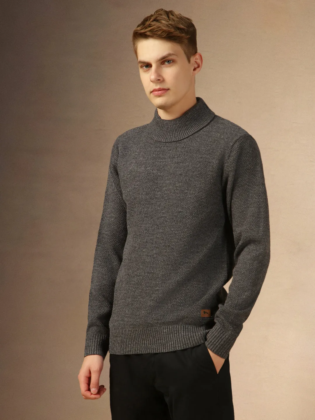 Men's Grey Turtle Neck Full Sleeves Slim Fit Pullover Sweater