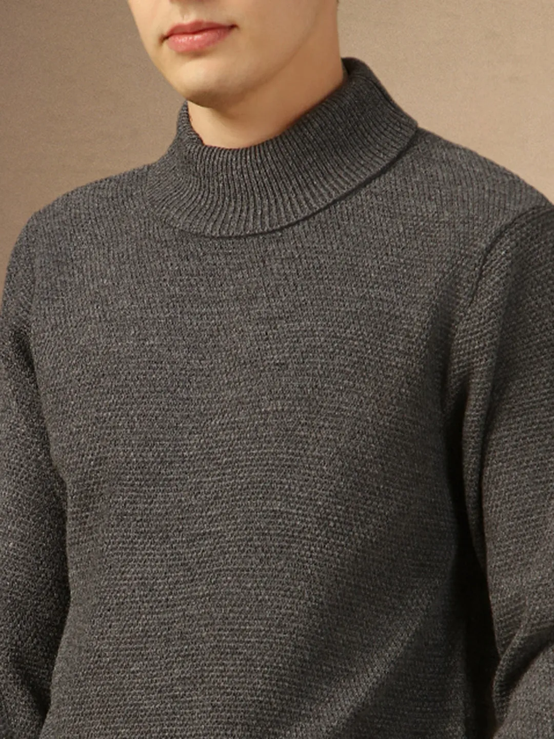 Men's Grey Turtle Neck Full Sleeves Slim Fit Pullover Sweater