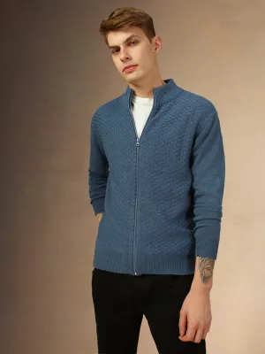 Men's Mid Blue Mock Neck Full Sleeves Slim Fit Pullover Sweater