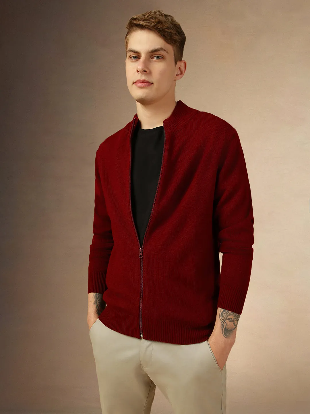 Men's Red Mock Neck Full Sleeves Slim Fit Pullover Sweater