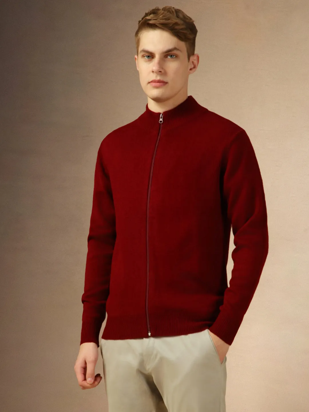 Men's Red Mock Neck Full Sleeves Slim Fit Pullover Sweater