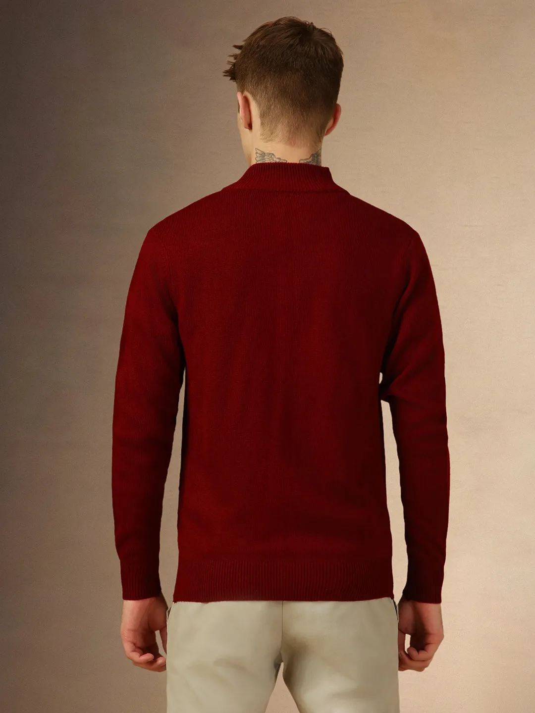 Men's Red Mock Neck Full Sleeves Slim Fit Pullover Sweater