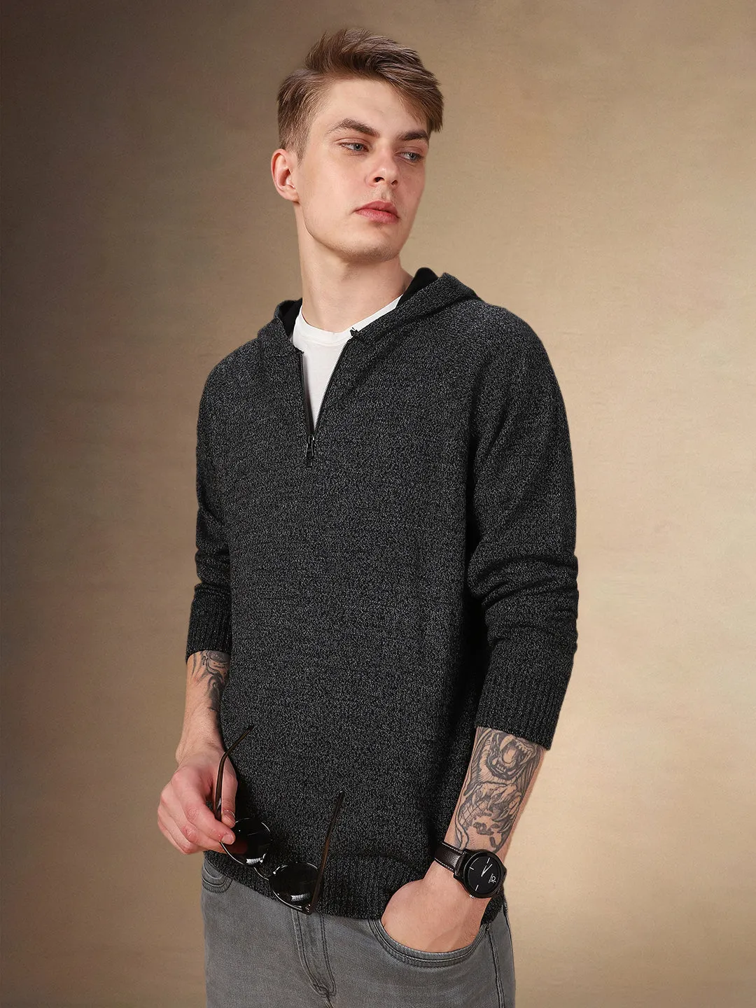 Men's Solid Hooded Full Sleeves Regular Fit Pullover Sweater