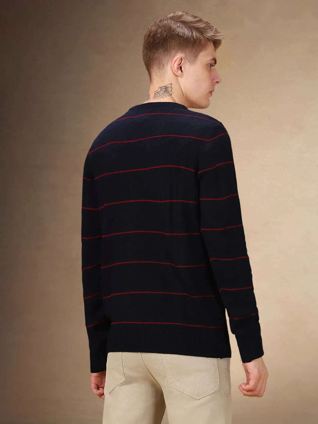 Men's Striped Round Neck Full Sleeves Regular Fit Sweater