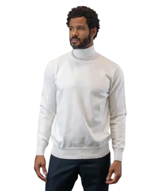 Men's White Turtleneck Long Sleeves Sweaters Light Blend Regular-Fit