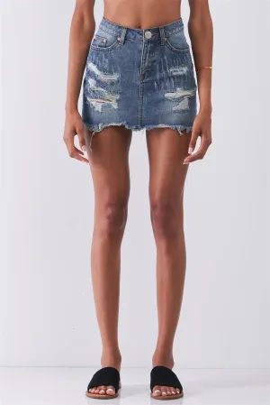 Mid Denim High Waist Distressed Raw Hem Detail Mini Skirt /3-2-1