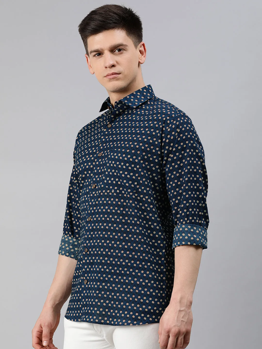 Navy Blue Cotton Full Sleeves Shirts For Men-Mmf0239