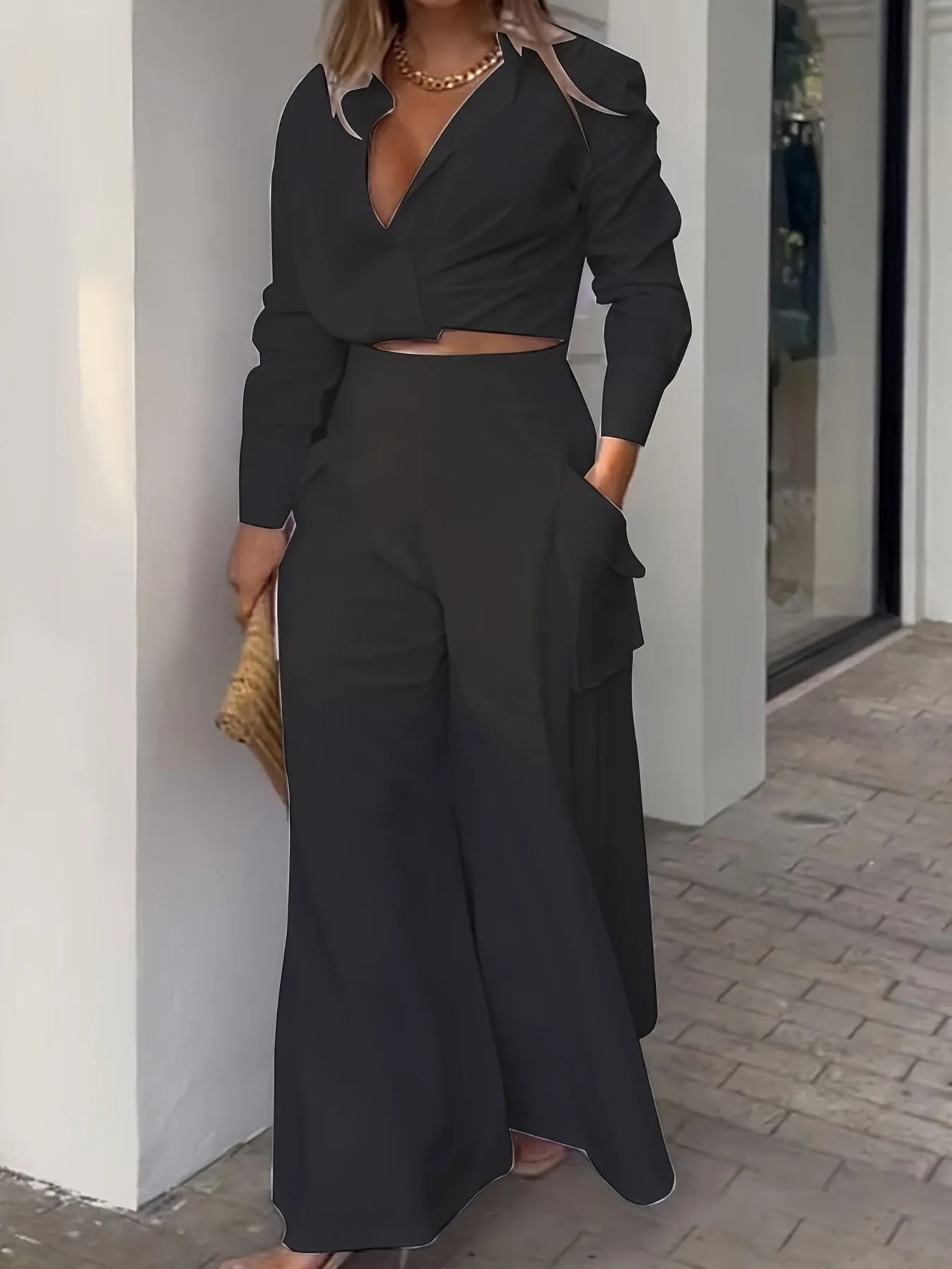 Office Lady V-neck Crop Top and High Waist Pants