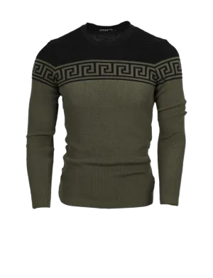 Olive Men's Fashion Design Crewneck Sweaters Greek Key style Light Blend Slim Fit