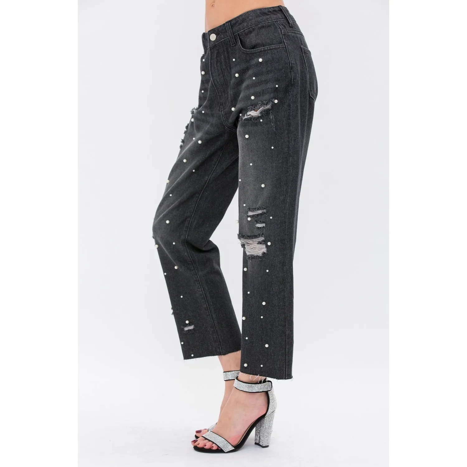 Pearl Embellished Ripped Denim in Black